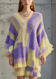 Casual Purple Ruffled Patchwork Knit Sweater Dress Fall