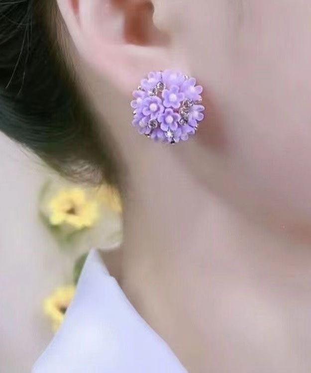 Casual Purple Silver Floral Resin Stud Earrings