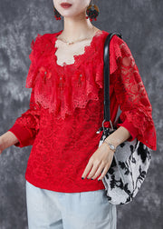 Casual Red Hollow Out Nail Bead Lace Shirt Top Summer