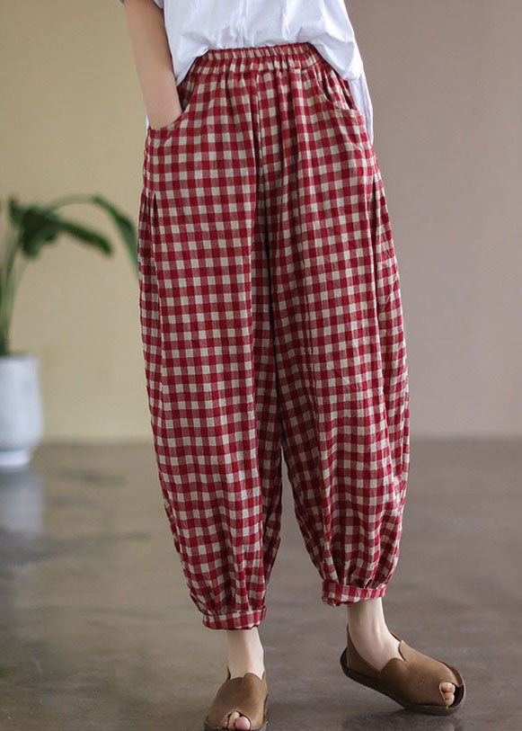 Casual Red Plaid Pockets Elastic Waist Linen Crop Pants Summer