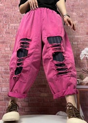 Casual Rose Pockets Elastic Waist Ripped Denim Pants Spring