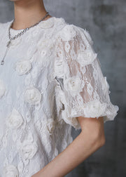 Casual White Puff Sleeve Floral Lace Shirts Summer