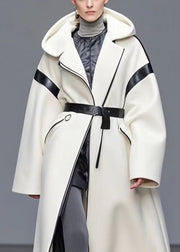 Casual White Tie Waist Patchwork Woolen Hoodie Coat Fall