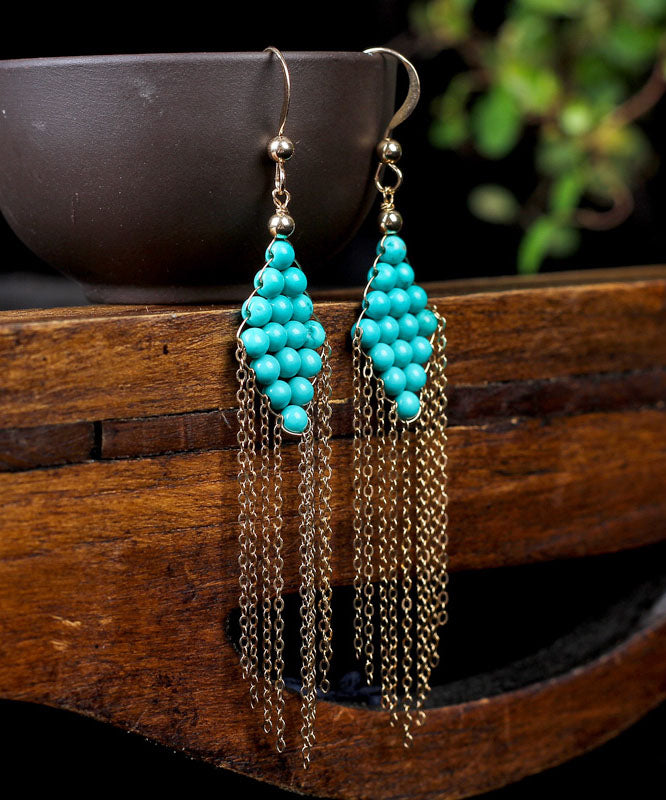 Chic 14K Gold Turquoise Tassel Drop Earrings