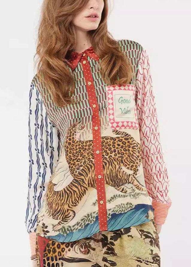 Chic Animal Print Asymmetrical Button Cotton Shirts Long Sleeve