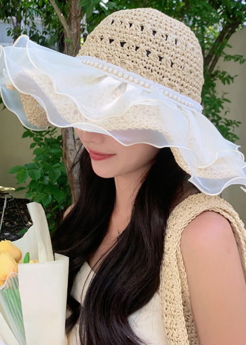 Chic Beige Hollow Out Lace Straw Woven Floppy Sun Hat