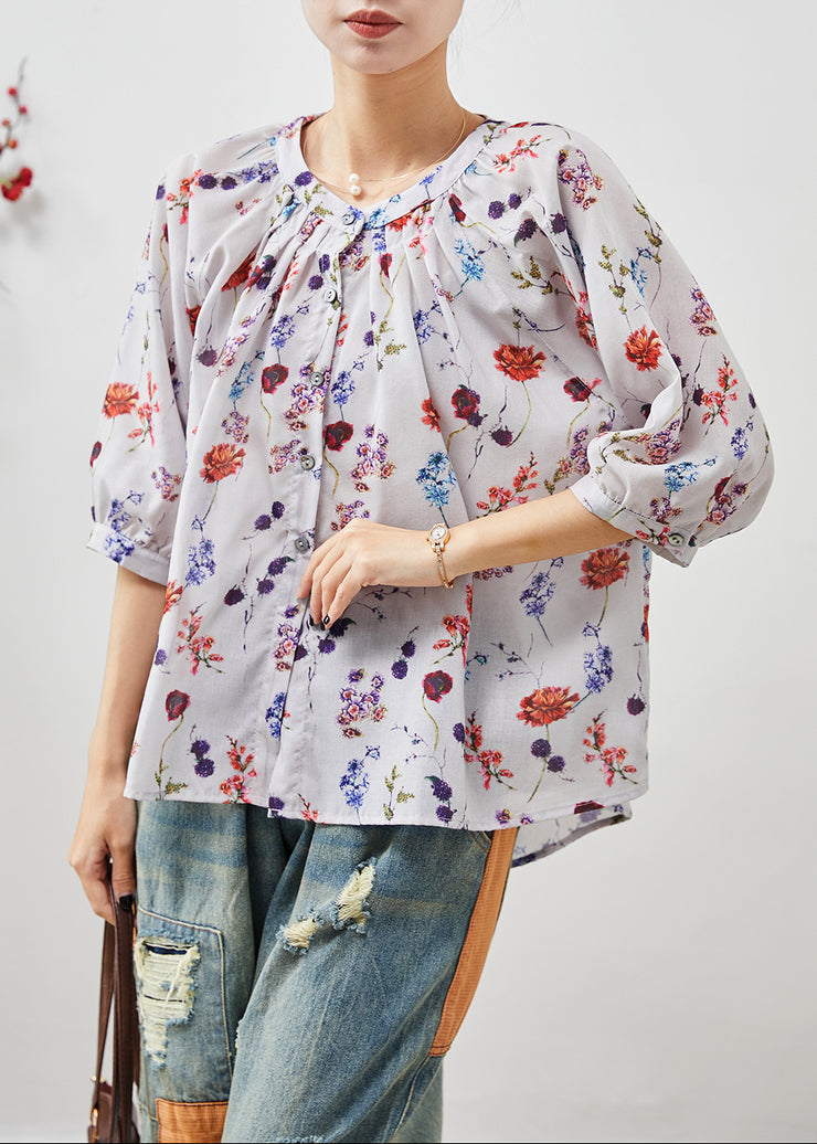 Chic Beige O-Neck Print Linen Shirt Half Sleeve