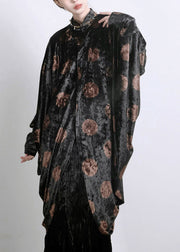 Chic Black Asymmetrical Print Silk Velour Shirts Batwing Sleeve