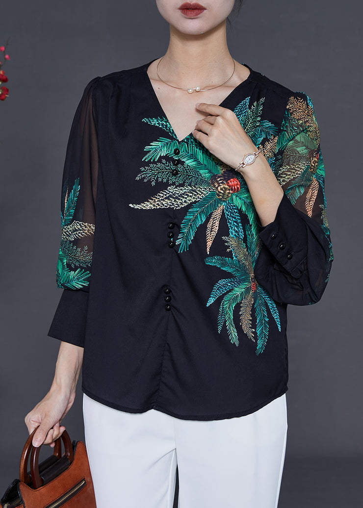 Chic Black V Neck Leaf Print Chiffon Blouses Summer