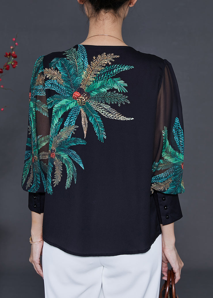 Chic Black V Neck Leaf Print Chiffon Blouses Summer