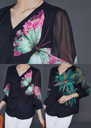 Chic Black V Neck Leaf Print Chiffon Blouses Summer