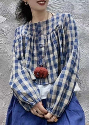 Chic Blue O Neck Plaid Cotton Shirt Top Long Sleeve