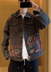 Chic Blue Pockets Patchwork Denim Mens Coats Fall