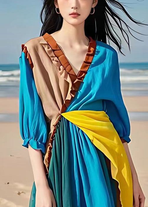 Chic Blue Ruffled Patchwork Cotton Long Dresses Half Sleeve