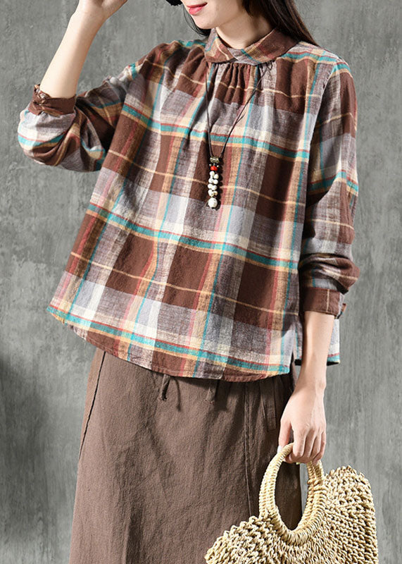 Chic Coffee Plaid Peter Pan Collar Patchwork Linen Blouse Tops Spring