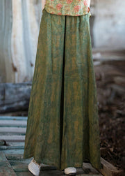 Chic Green Print Pockets Linen Wide Leg Pants Summer