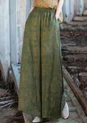 Chic Green Print Pockets Linen Wide Leg Pants Summer