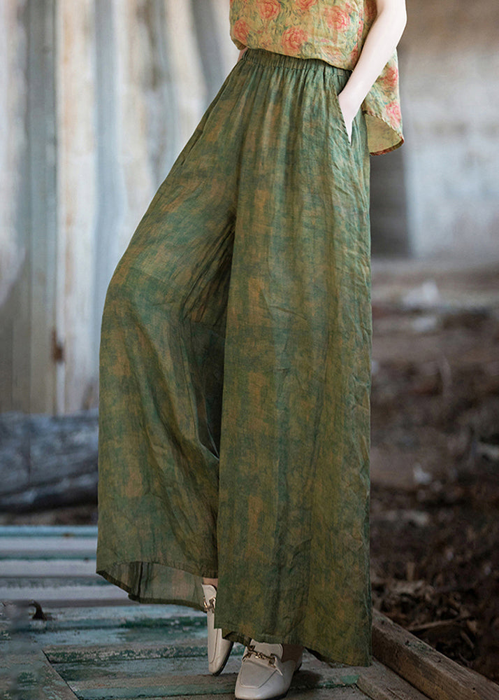 Chic Green Print Pockets Linen Wide Leg Pants Summer