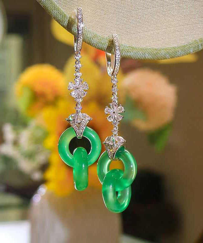 Chic Green Sterling Silver Zircon Jade Ping Buckle Tassel Drop Earrings