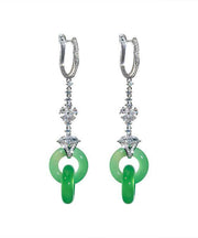 Chic Green Sterling Silver Zircon Jade Ping Buckle Tassel Drop Earrings