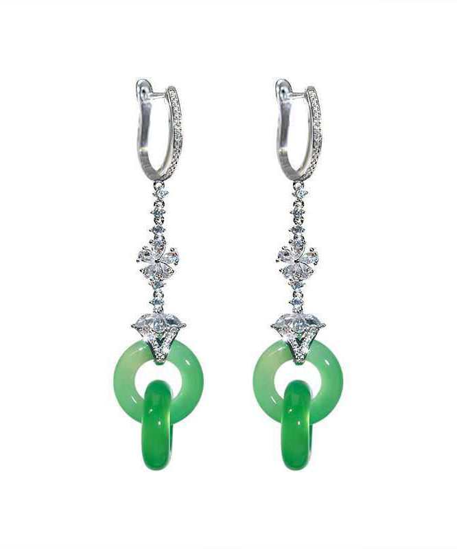 Chic Green Sterling Silver Zircon Jade Ping Buckle Tassel Drop Earrings