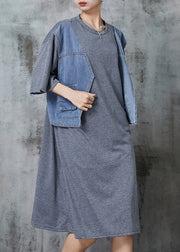 Chic Grey Oversized Patchwork Cotton Robe Dresses Summer