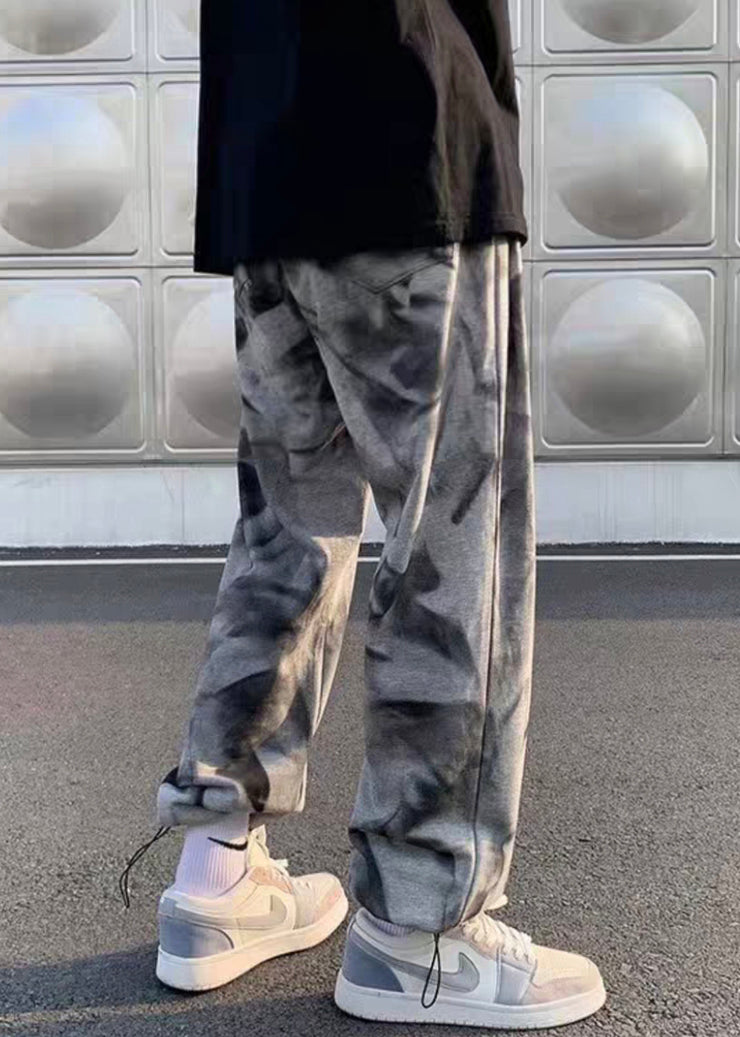 Chic Grey Tie Dye Drawstring Cotton Men Crop Pants Fall