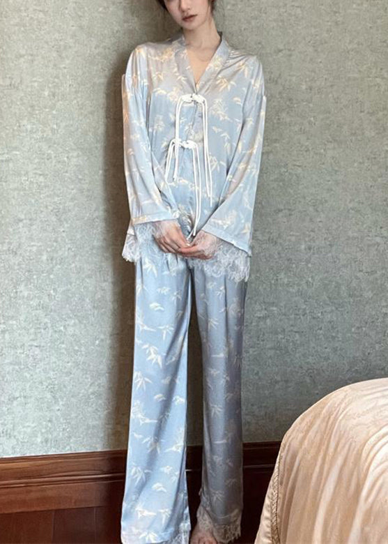 Chic Light Blue V Neck Print Button Ice Silk Pajamas Two Pieces Set Long Sleeve