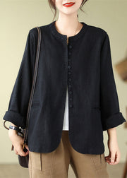 Chic Linen O-Neck Pockets Button Shirt Fall