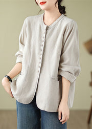 Chic Linen O-Neck Pockets Button Shirt Fall