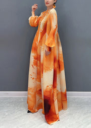 Chic Orange Stand Collar Wrinkled Chiffon Long Dress Spring