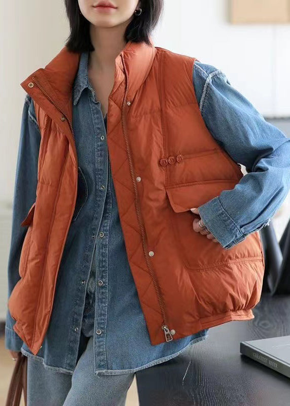 Chic Orange Stand Collar Zip Up Pockets Duck Down Vest Winter