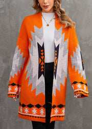 Chic Orange V Neck Patchwork Knit Cardigan Fall