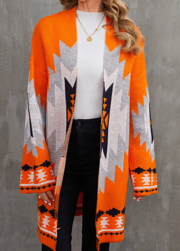 Chic Orange V Neck Patchwork Knit Cardigan Fall