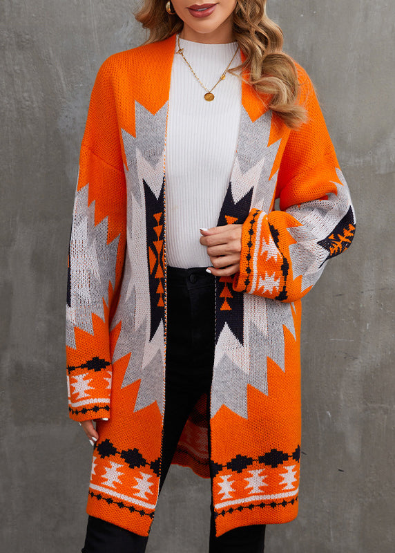 Chic Orange V Neck Patchwork Knit Cardigan Fall