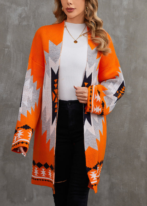 Chic Orange V Neck Patchwork Knit Cardigan Fall