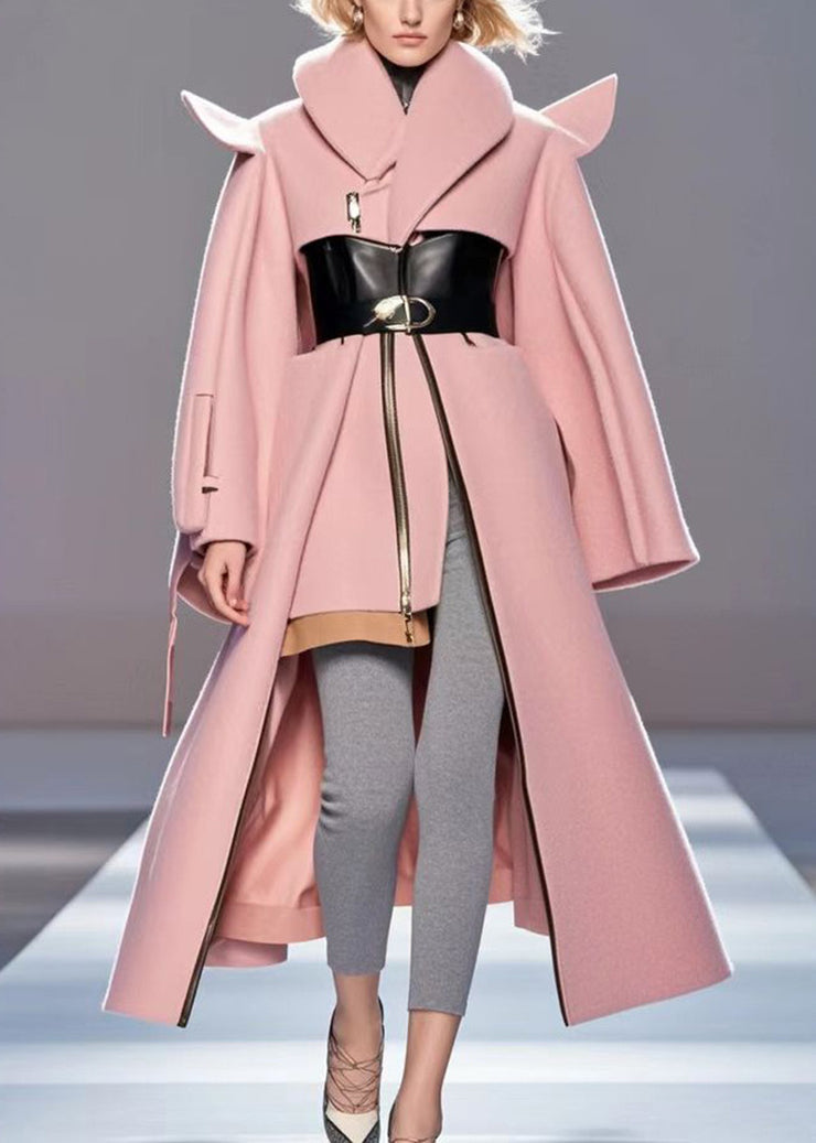 Chic Pink Asymmetrical Patchwork Woolen Coat Outwear Fall