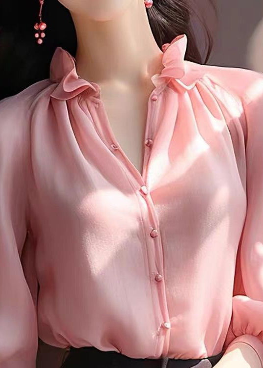 Chic Pink Ruffled Button Chiffon Shirt Bracelet Sleeve