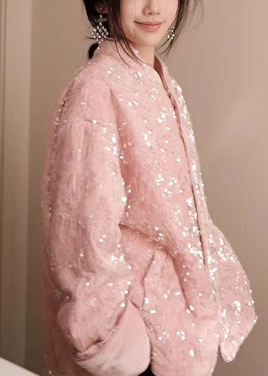 Chic Pink Sequins Button Silk Velvet Coats Long Sleeve