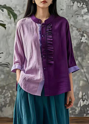 Chic Purple Stand Collar Button Tops Fall