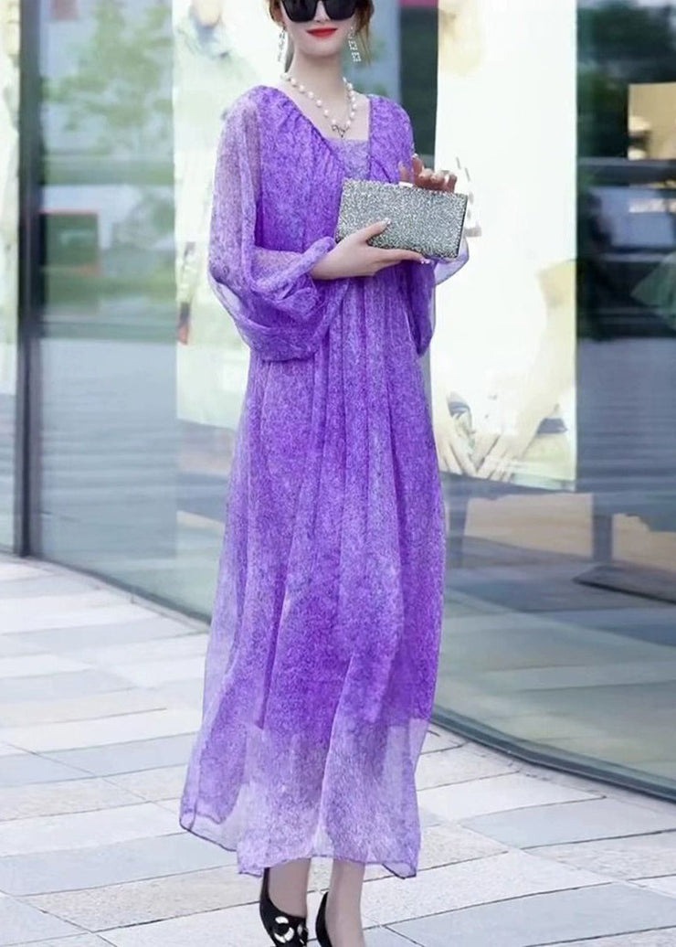 Chic Purple V Neck Print Chiffon Long Dresses Lantern Sleeve