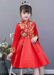 Chic Red Embroideried Tassel Button Kids Girls Mid Dresses Fall