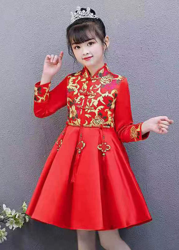 Chic Red Embroideried Tassel Button Kids Girls Mid Dresses Fall