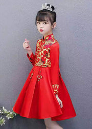 Chic Red Embroideried Tassel Button Kids Girls Mid Dresses Fall