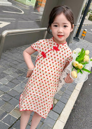 Chic Red Print Side Open Kids Holiday Long Dress Short Sleeve