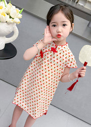 Chic Red Print Side Open Kids Holiday Long Dress Short Sleeve