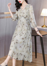 Chic V Neck Print Lace Up Chiffon Long Dress Lantern Sleeve