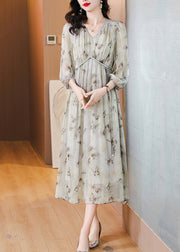 Chic V Neck Print Lace Up Chiffon Long Dress Lantern Sleeve