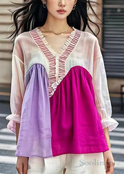 Chic V Neck Ruffled Patchwork Cotton Shirt Butterfly Sleeve