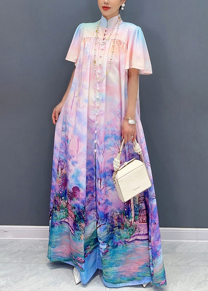 Chic Violet Print Tie Waist Cotton Shirts Long Dresses Summer